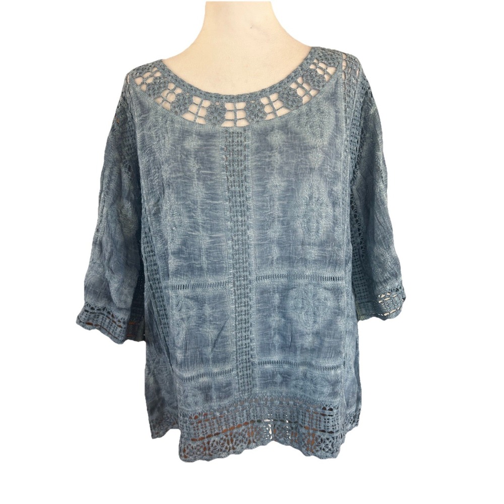 Democracy100% Cotton Gauze Crochet Lace Inset Boho Top Womans SZ L